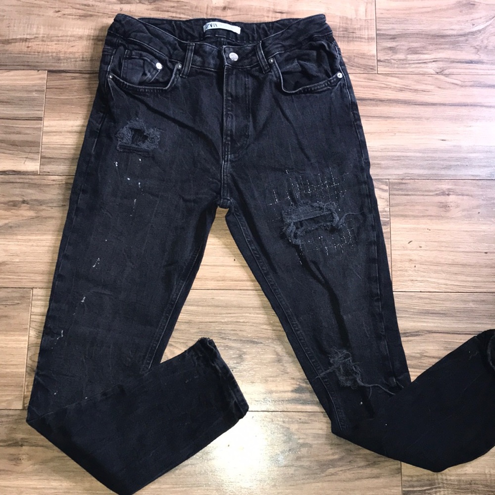 Zara black distressed denim jeans size 34